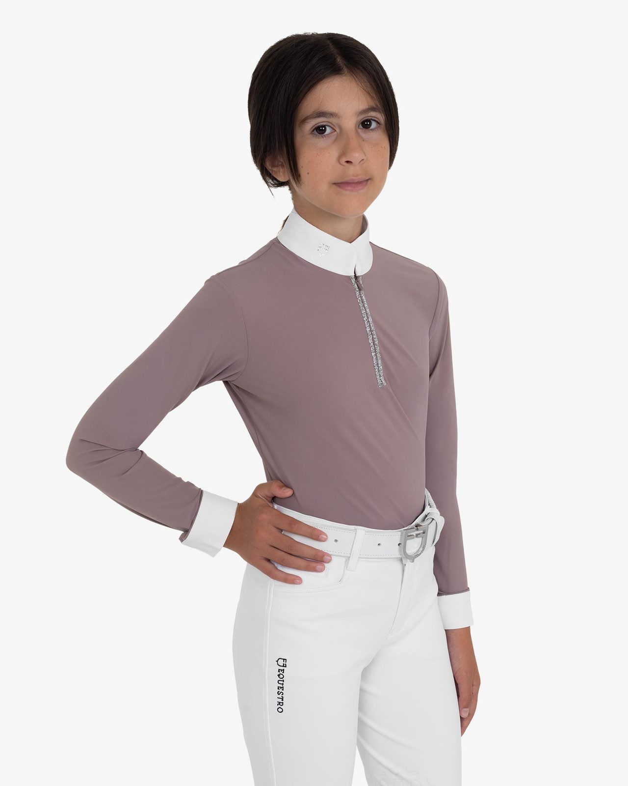 Girls' long-sleeved competition polo shirt with rhinestones