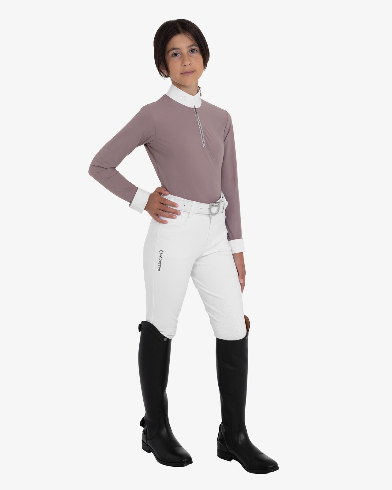 Girls' long-sleeved competition polo shirt with rhinestones