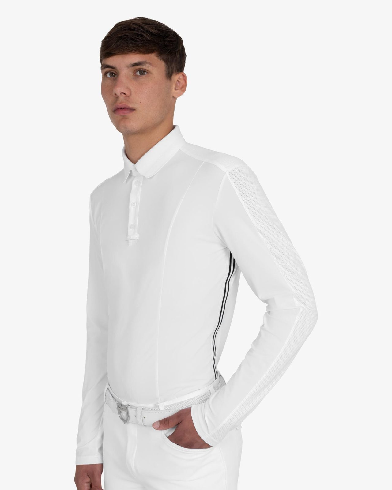 Men's competition polo shirt with mesh and ribbed inserts