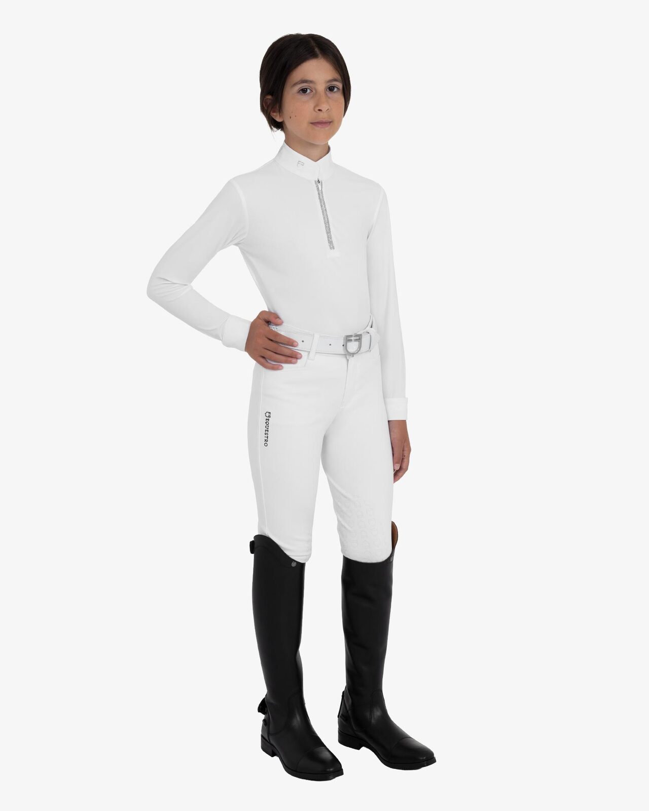 Girls' long-sleeved competition polo shirt with rhinestones