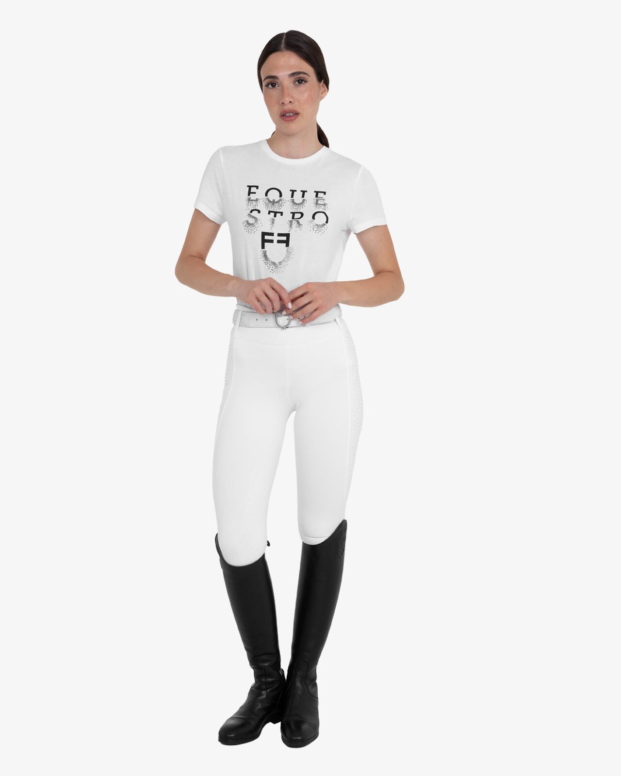 Women's high-waisted leggings with belt loops and rhinestones