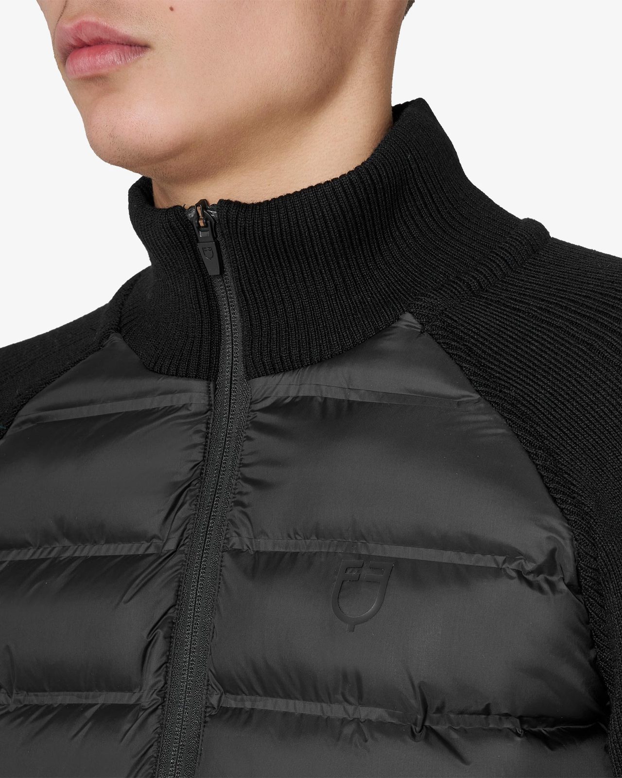 Men's down jacket with knitted sleeves