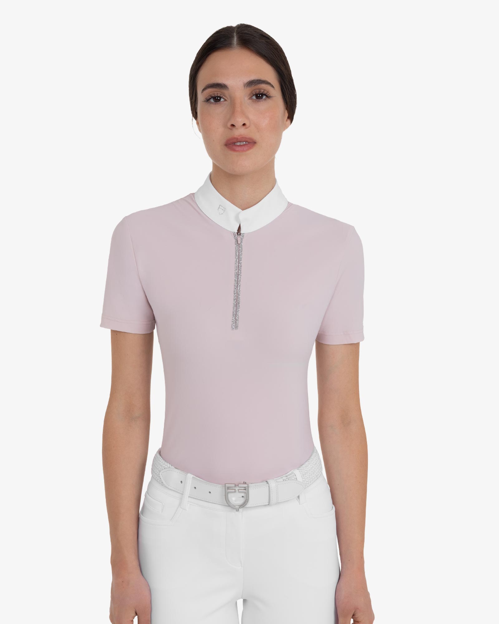 Women's short-sleeved competition polo shirt with rhinestones