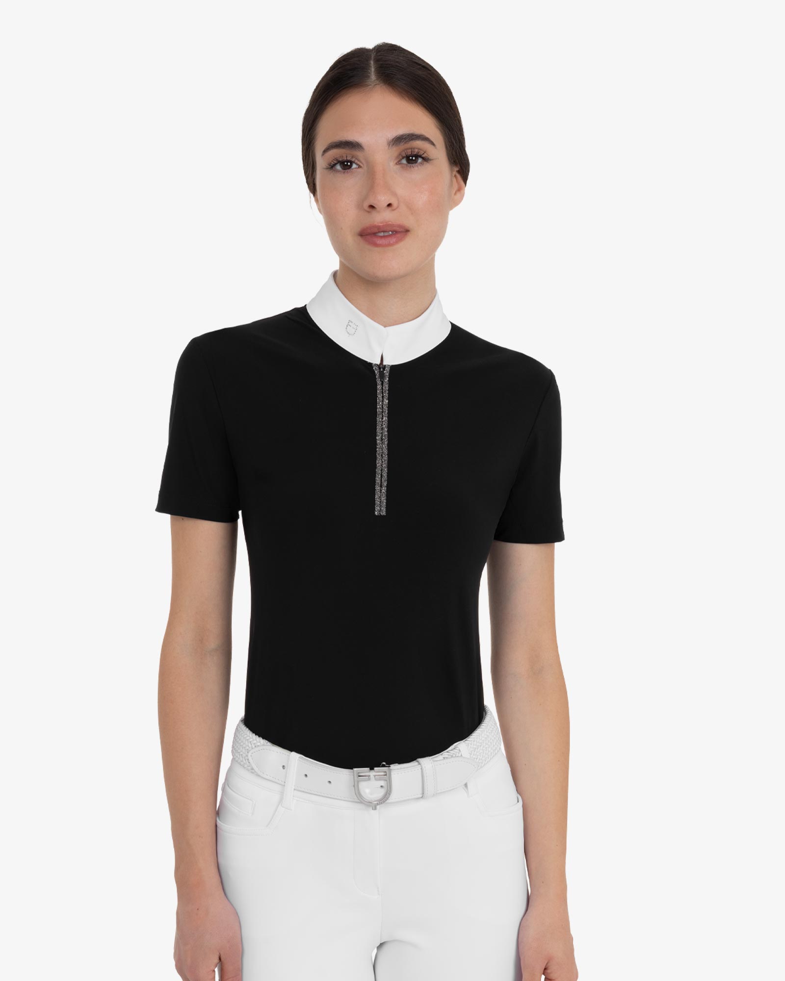 Women's short-sleeved competition polo shirt with rhinestones
