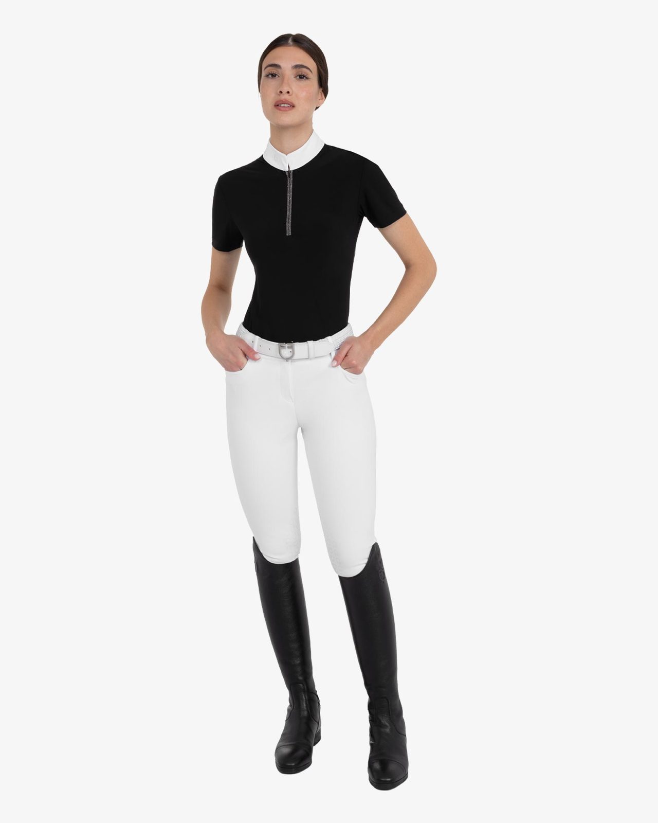 Women's short-sleeved competition polo shirt with rhinestones