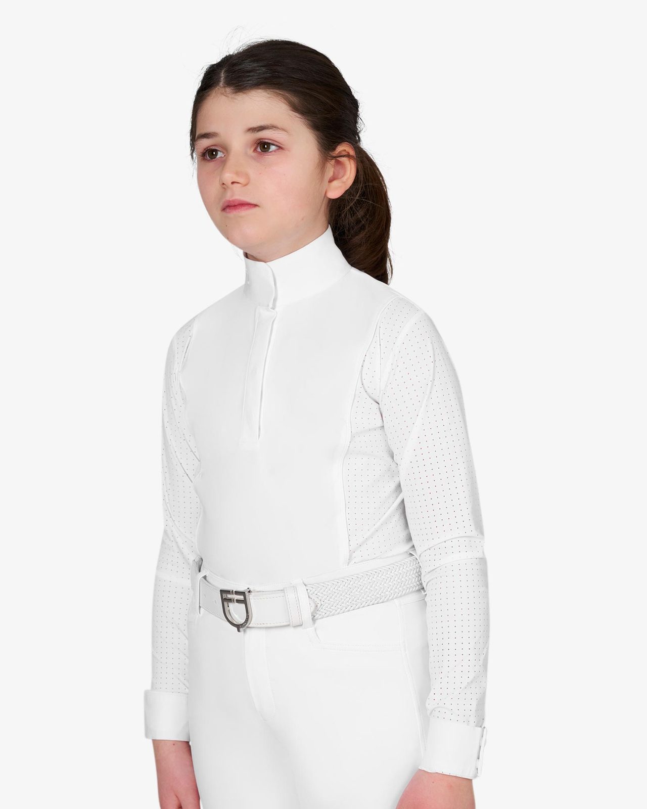 Girls' competition polo shirt with perforated inserts