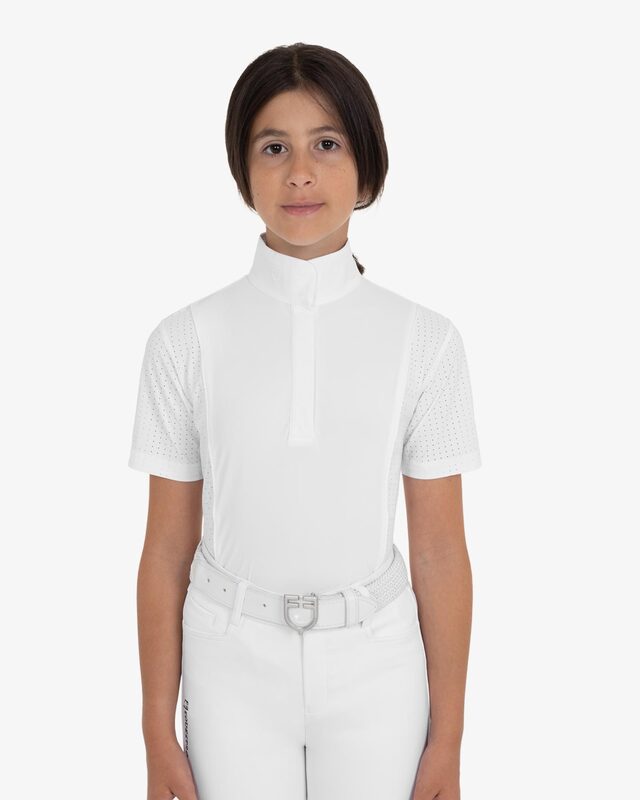 Girls' short-sleeved competition polo shirt with mesh inserts
