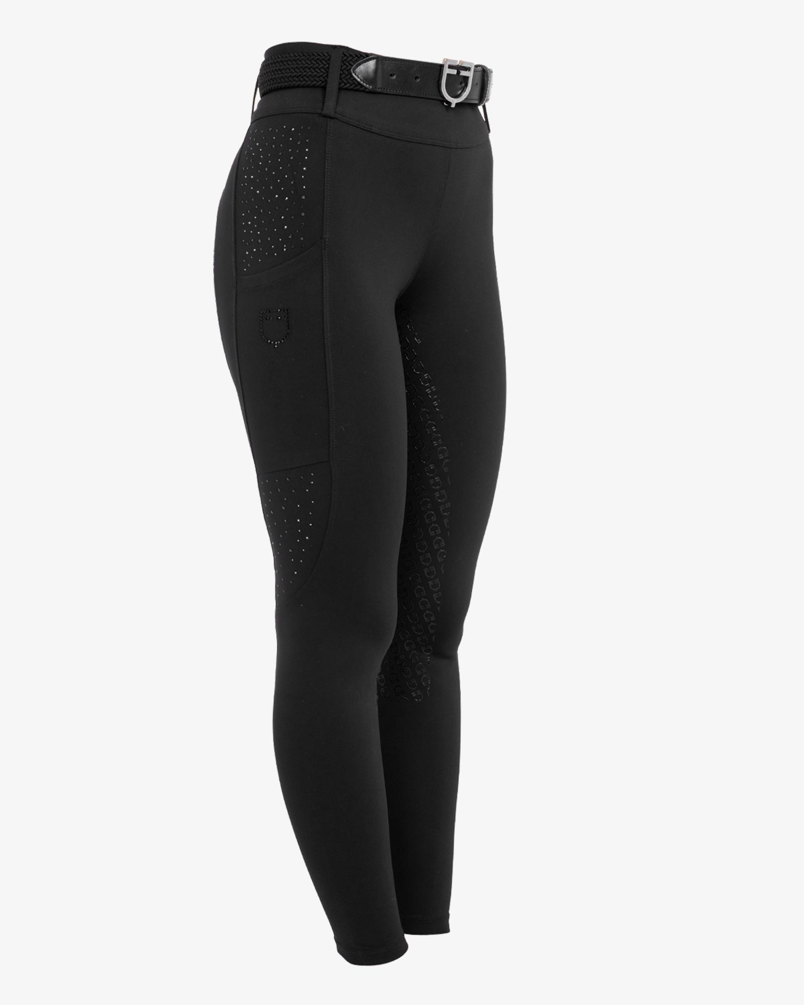 Women's high-waisted leggings with belt loops and rhinestones