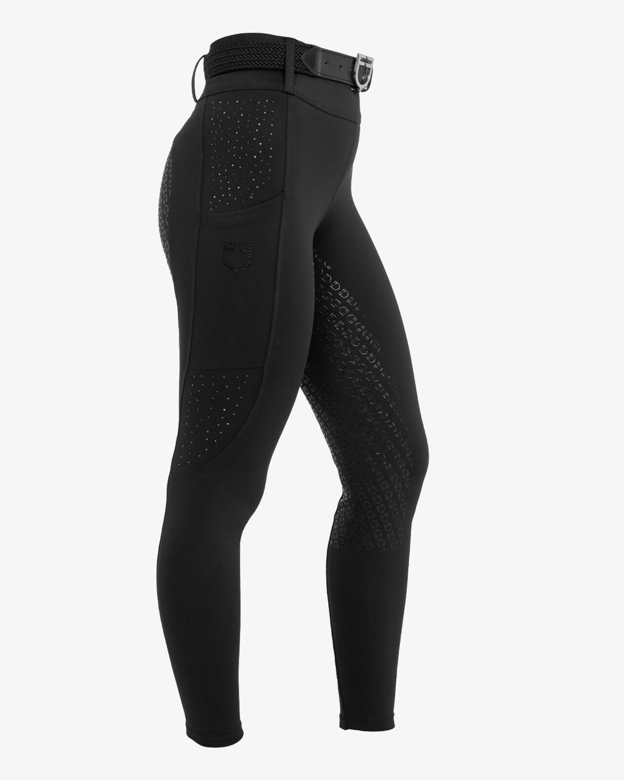 Women's high-waisted leggings with belt loops and rhinestones