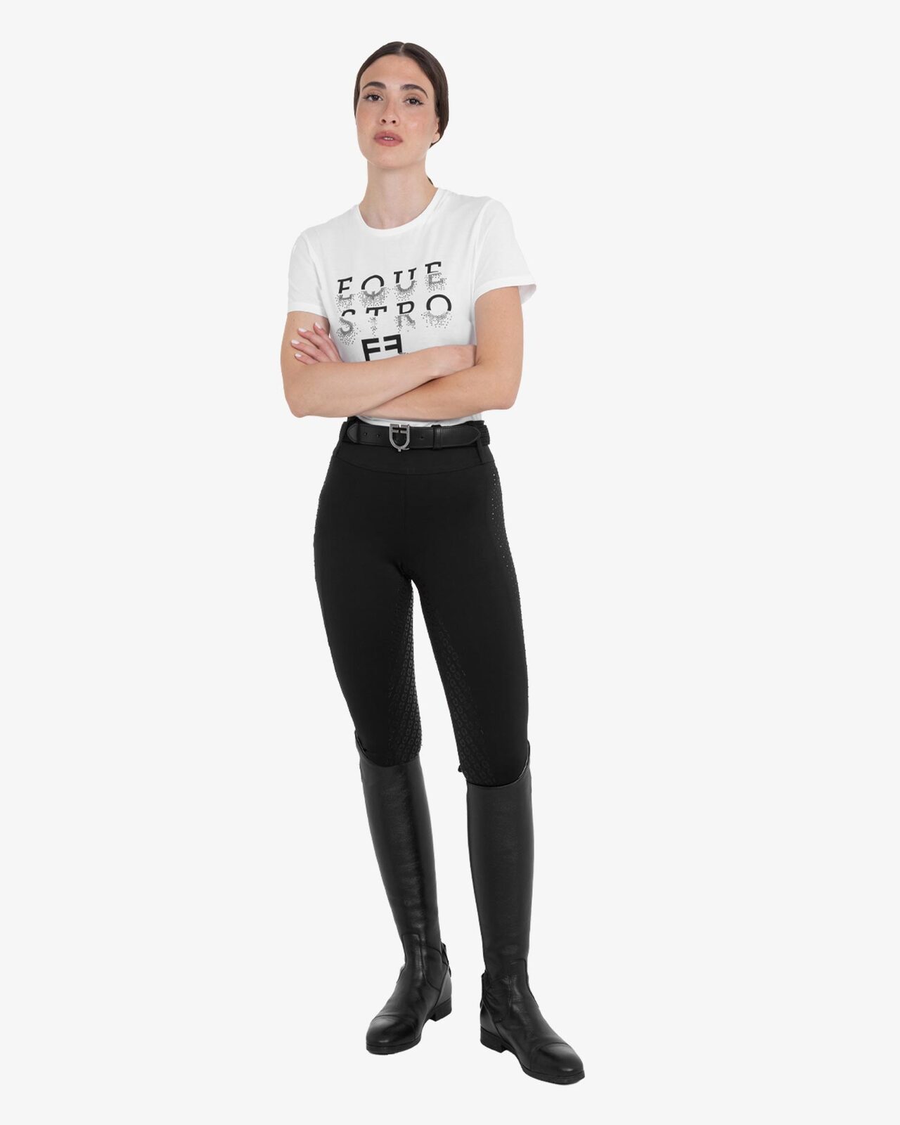 Women's high-waisted leggings with belt loops and rhinestones