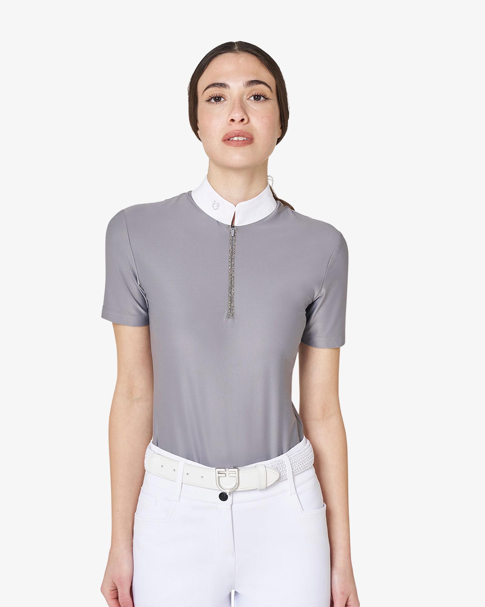 Women's short-sleeved competition polo shirt with rhinestones