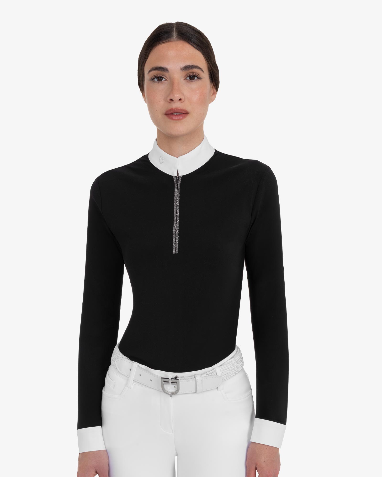 Women's long-sleeved competition polo shirt with rhinestones