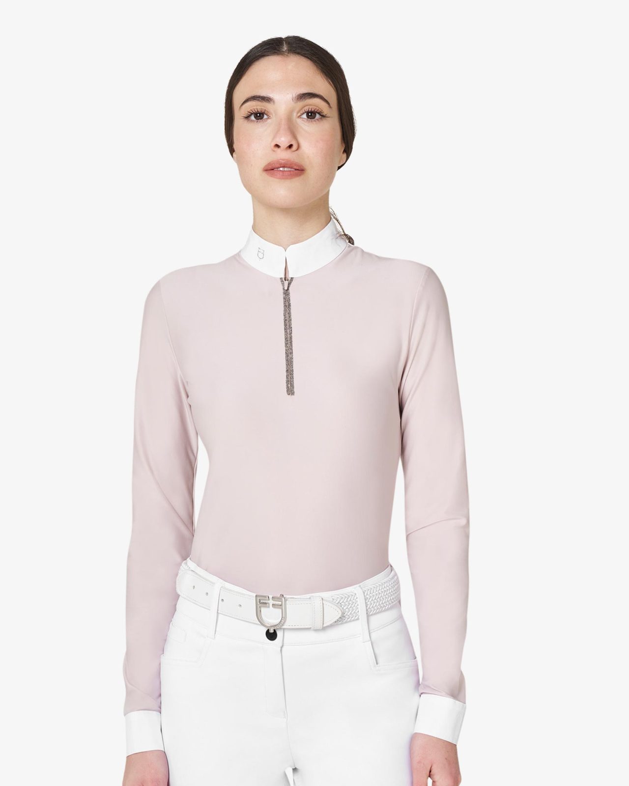 Women's long-sleeved competition polo shirt with rhinestones