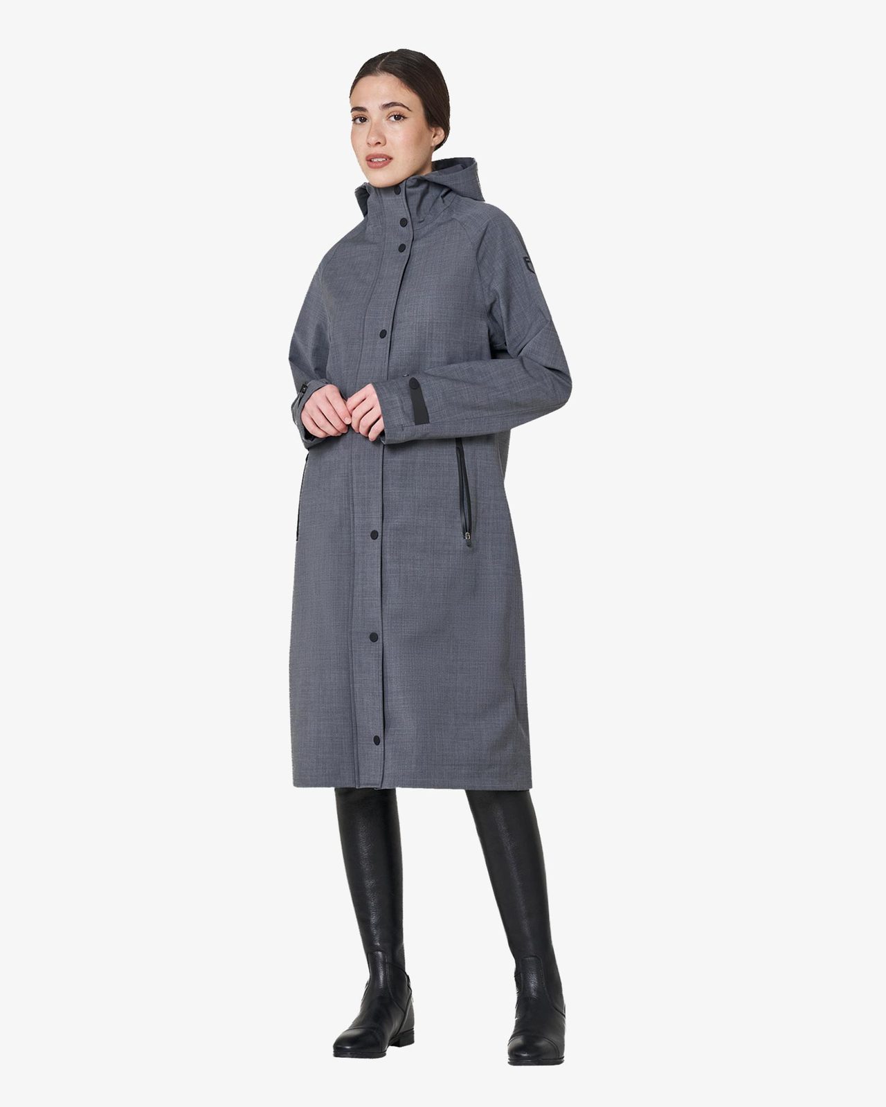 Women’s long wool-blend softshell with rear opening