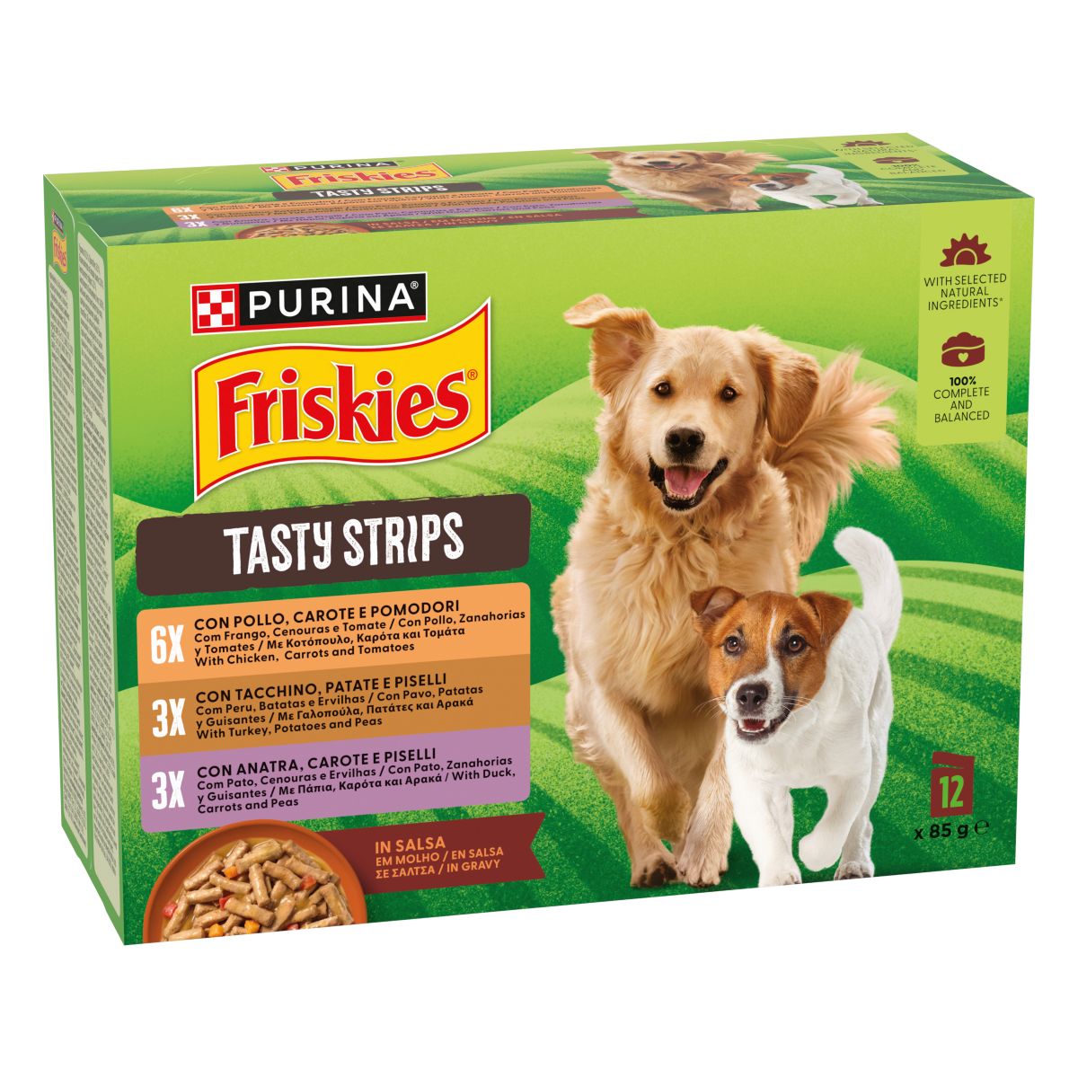 PURINA® FRISKIES® Tasty Strips con Pollo, Carote e Pomodori in salsa Multipack da 12