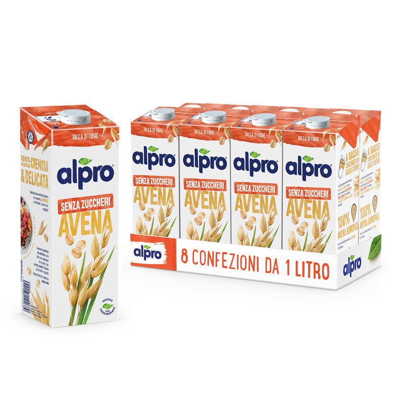 ALPRO SENZA ZUCCHERI Gusto Avena 100% Vegetale | Alproshop.it 8n Confezioni da 1l L’avena è un cereale straordinario, per questo abbiamo scelto di creare una bevanda buona e gustosa con avena coltivata esclusivamente in Europa. ALPRO SENZA ZUCCHERI all'Avena è un drink ricco di fibre e calcio, ma privo di zuccheri ed edulcoranti. Perché vogliamo offrirti solo il buono della natura, senza aggiunta di conservanti. Il sapore delicato di questa bevanda è l’ideale per iniziare la giornata con una dolce coccola: provala in aggiunta al tuo caffè o con i cereali. Siamo sicuri che sar