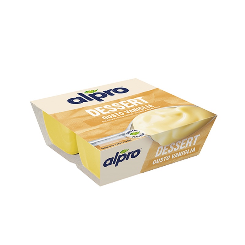 ALPRO DESSERT Dessert vegetale alla Vaniglia |Alproshop.it Confezione 4X125g Un gusto delicato che farà sognare le tue papille gustative. ALPRO DESSERT gusto Vaniglia è la scelta perfetta per chi segue una dieta 100% vegetale (e non solo). Senza lattosio e privo di grassi saturi è un’ottima fonte di fibre vegetali senza zuccheri aggiunti*. Gustalo a merenda, come dolce di fine pasto o come snack spezzafame. ALPRO Dessert alla vaniglia ha la cremosità del budino per deliziare il tuo palato, è povero di calorie, ma ricco di ricco di Vitamine (B2, D e B12) e Calcio, per aiu