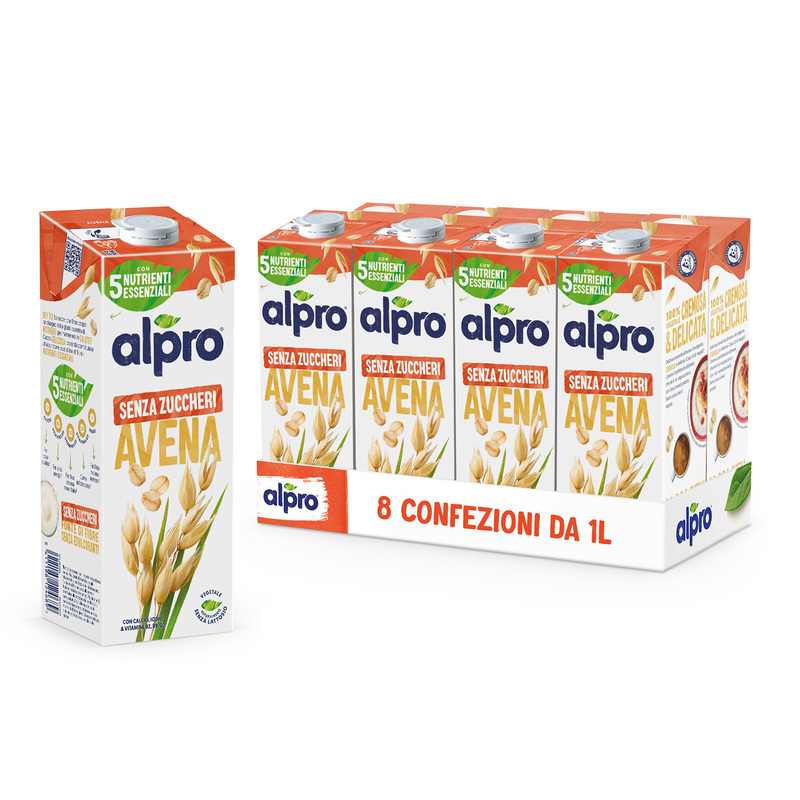 ALPRO SENZA ZUCCHERI Gusto Avena 100% Vegetale | Alproshop.it 8n Confezioni da 1l HEY TU! Lo sapevi che il tuo corpo ha bisogno della giusta quantità di NUTRIENTI per mantenersi in SALUTE? Questa DELIZIOSA bevanda contribuisce all'assunzione quotidiana di 5 tra i NUTRIENTI ESSENZIALI. CALCIO Per ossa in salute¹ VITAMINA B9 Per la tua energia² VITAMINA D2 Per il tuo sistema immunitario³ VITAMINA B2 Come antiossidante⁴ IODIO Per il tuo sistema nervoso⁵ ¹Il calcio è necessario per il mantenimento di ossa normali. ²La vitamina B9 contribuisce alla riduzione della stanchezza e del