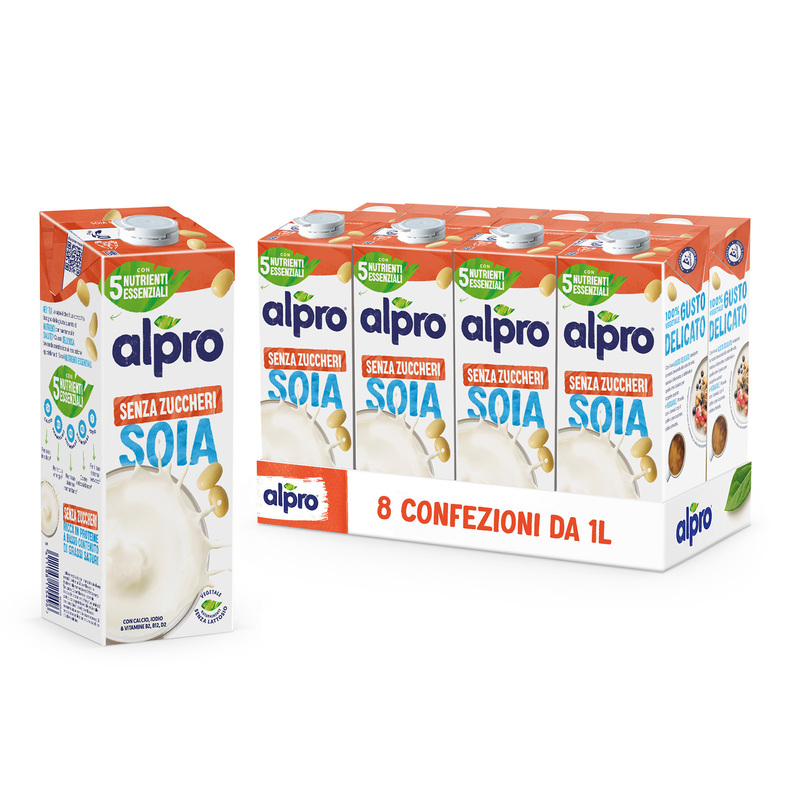 ALPRO SENZA ZUCCHERI Gusto Soia 100% Vegetale | Alproshop.it 8 Confezioni da 1 L HEY TU! Lo sapevi che il tuo corpo ha bisogno della giusta quantità di NUTRIENTI per mantenersi in SALUTE? Questa DELIZIOSA bevanda contribuisce all'assunzione quotidiana di 5 tra i NUTRIENTI ESSENZIALI. CON 5 NUTRIENTI ESSENZIALI CALCIO Per ossa in salute¹ VITAMINA B12 Per la tua energia² VITAMINA D2 Per il tuo sistema immunitario³ VITAMINA B2 Come antiossidante⁴ IODIO Per il tuo sistema nervoso⁵ ¹Il calcio è necessario per il mantenimento di ossa normali. ²La vitamina B12 contribuisce alla rid