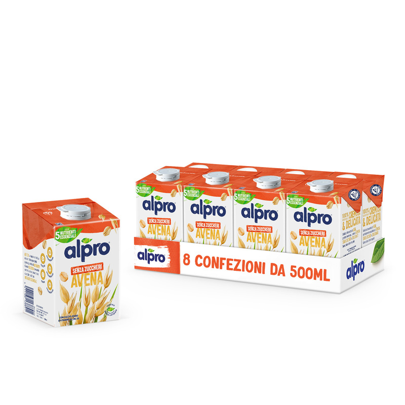 Bibite E Succhi - ALPRO SENZA ZUCCHERI, Bevanda Vegetale all'Avena 8x500ml, Alpro 8 Confezioni da 500ml 8 Confezioni da 500ml HEY TU! Lo sapevi che il tuo corpo ha bisogno della giusta quantità di NUTRIENTI per mantenersi in SALUTE? Questa DELIZIOSA bevanda contribuisce all'assunzione quotidiana di 5 tra i NUTRIENTI ESSENZIALI. CALCIO Per ossa in salute¹ VITAMINA B9 Per la tua energia² VITAMINA D2 Per il tuo sistema immunitario³ VITAMINA B2 Come antiossidante⁴ IODIO Per il tuo sistema nervoso⁵ ¹Il calcio è necessario per il mantenimento di ossa normali. ²La vitamina B9 contribuisce alla riduzione della stanchezza e del