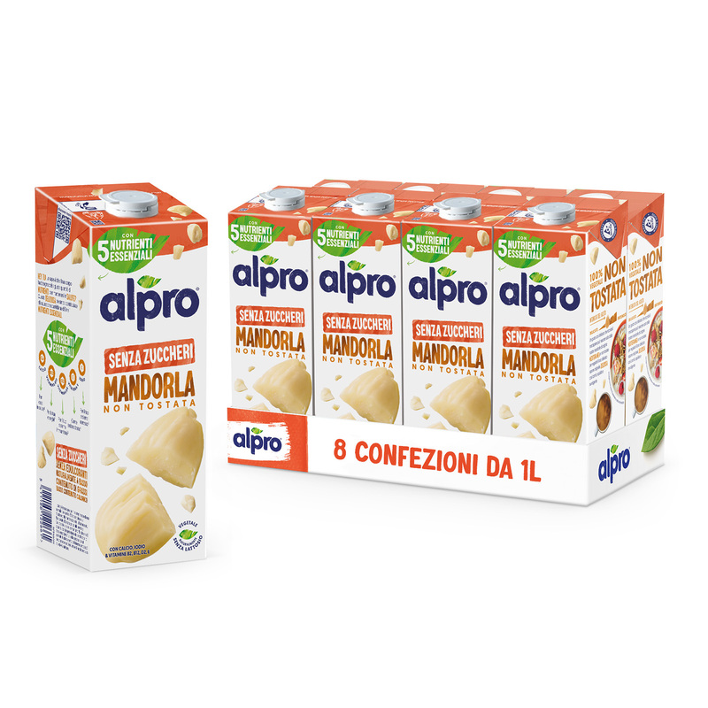 ALPRO SENZA ZUCCHERI Mandorla 100% Vegetale | Alproshop.it 8 Confezioni da 1l HEY TU! Lo sapevi che il tuo corpo ha bisogno della giusta quantità di NUTRIENTI per mantenersi in SALUTE? Questa DELIZIOSA bevanda contribuisce all'assunzione quotidiana di 5 tra i NUTRIENTI ESSENZIALI. CON 5 NUTRIENTI ESSENZIALI CALCIO Per ossa in salute¹ VITAMINA B12 Per la tua energia² VITAMINA D2 Per il tuo sistema immunitario³ VITAMINA E Come antiossidante⁴ IODIO Per il tuo sistema nervoso⁵ ¹Il calcio è necessario per il mantenimento di ossa normali. ²La vitamina B12 contribuisce alla ridu
