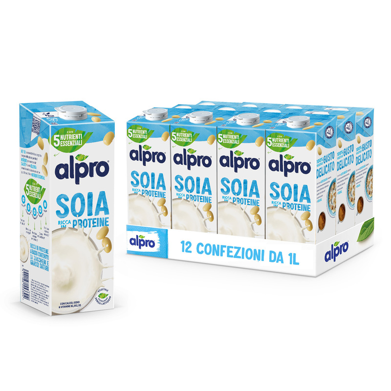 ALPRO CLASSICO Gusto Soia 100% Vegetale | Alproshop.it 12 Confezioni da 1l HEY TU! Lo sapevi che il tuo corpo ha bisogno della giusta quantità di NUTRIENTI per mantenersi in SALUTE? Questa DELIZIOSA bevanda contribuisce all'assunzione quotidiana di 5 tra i NUTRIENTI ESSENZIALI CALCIO Per ossa in salute¹ VITAMINA B12 Per la tua energia² VITAMINA D2 Per il tuo sistema immunitario³ VITAMINA B2 Come antiossidante⁴ IODIO Per il tuo sistema nervoso⁵ ¹Il calcio è necessario per il mantenimento di ossa normali. ²La vitamina B12 contribuisce alla riduzione della stanchezza e de